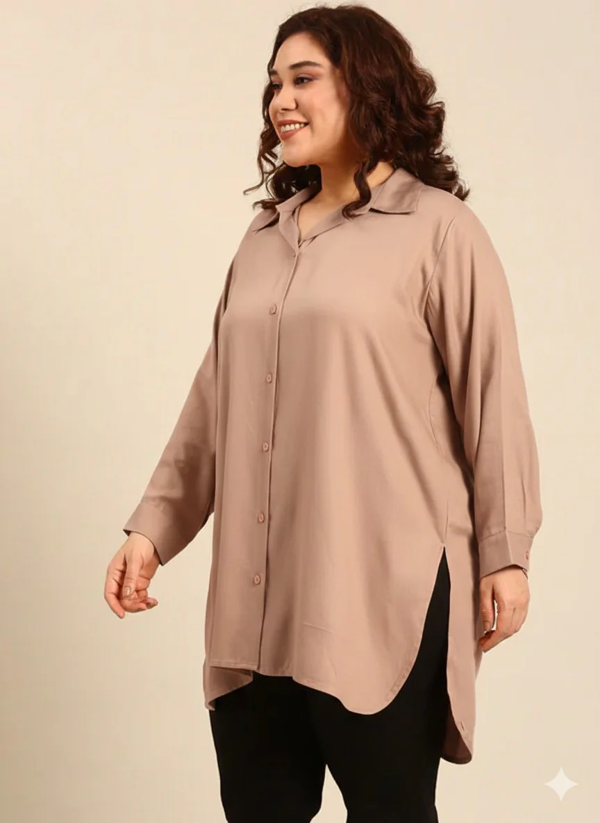 Women Beige Twill Long Line Shirt - Image 3