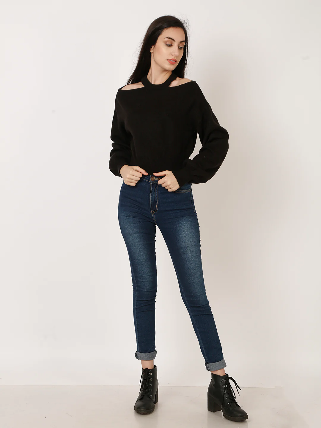 Women Black Acrylic Cut-Out Shoulder Knit Sweater - Image 3