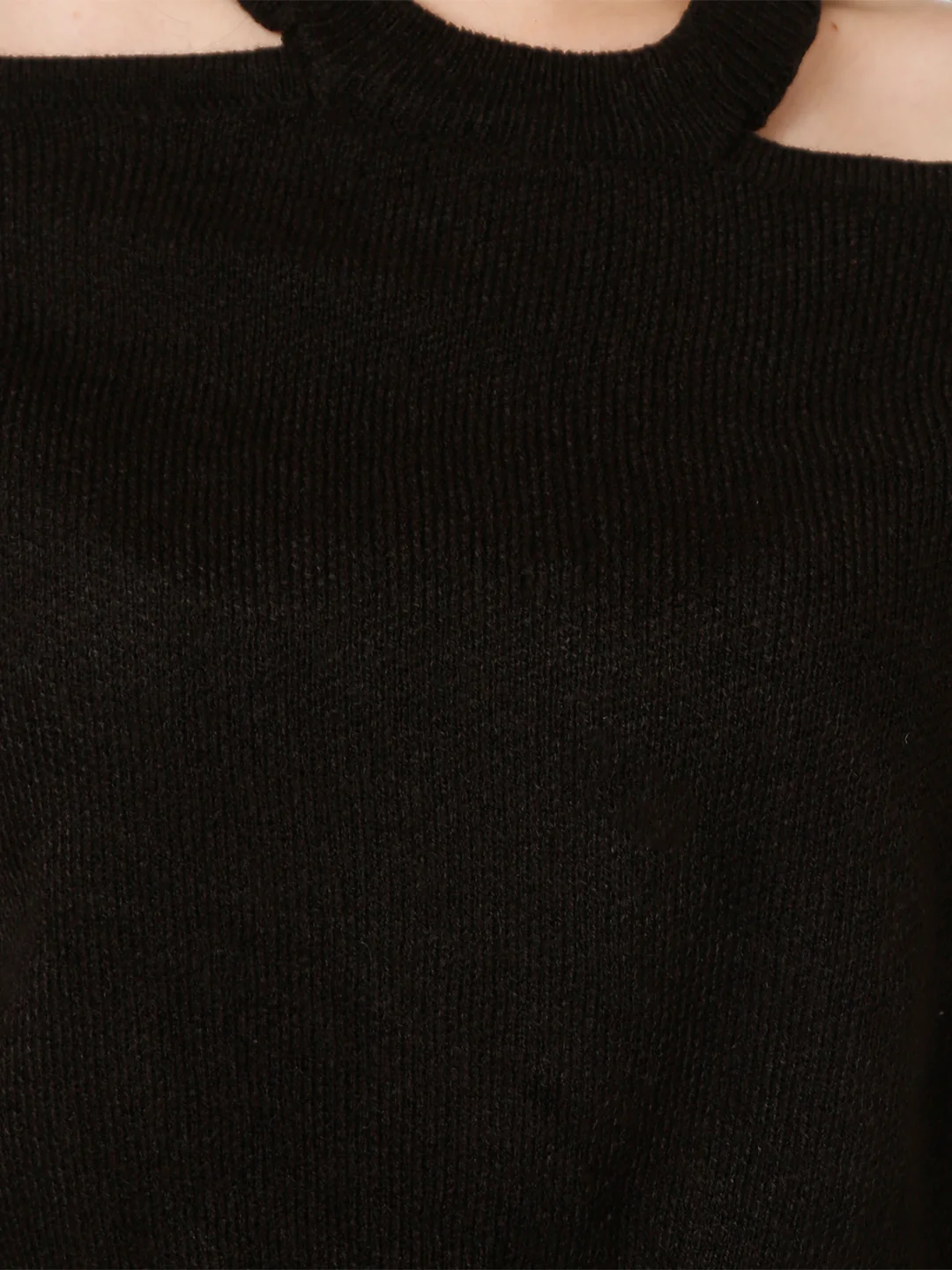 Women Black Acrylic Cut-Out Shoulder Knit Sweater - Image 5