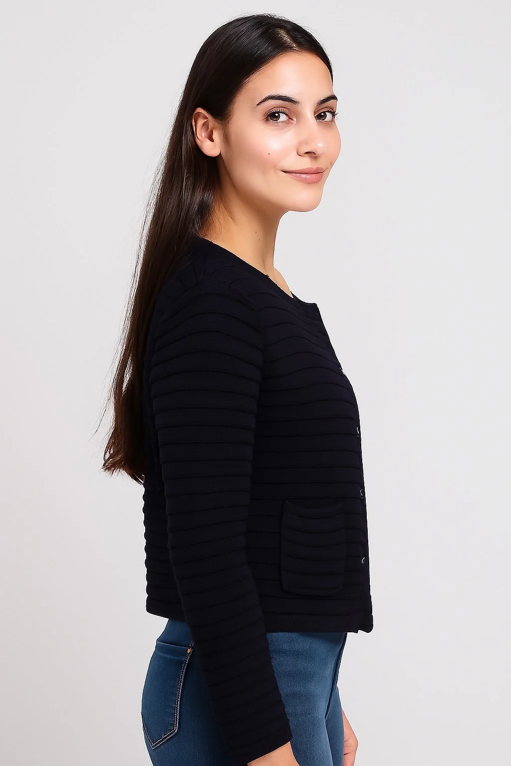 Women Black Acrylic Full Sleeve with Round Neck Ribbed Cardigan - Image 3