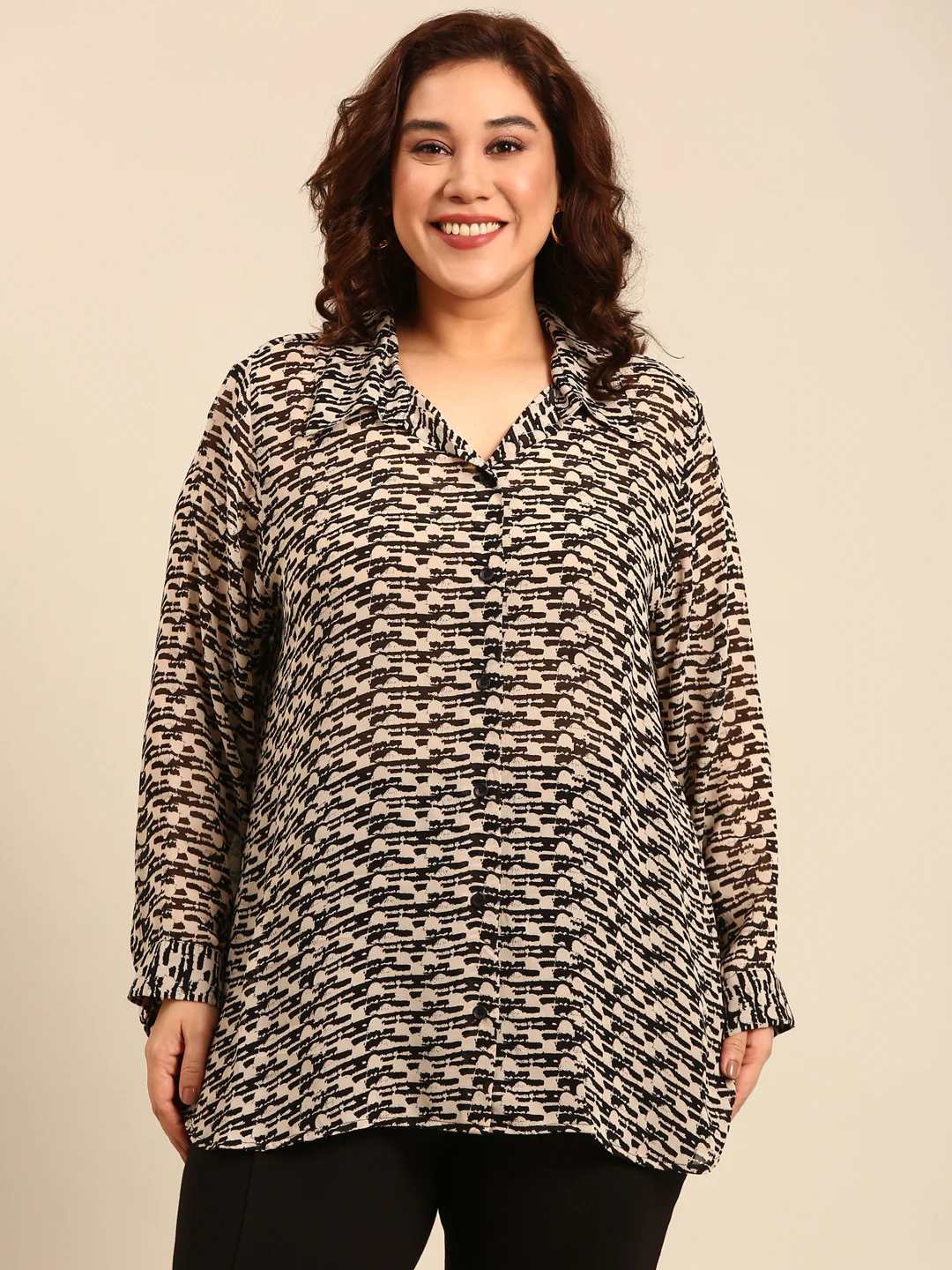 Women Black Beige Printed Shirt