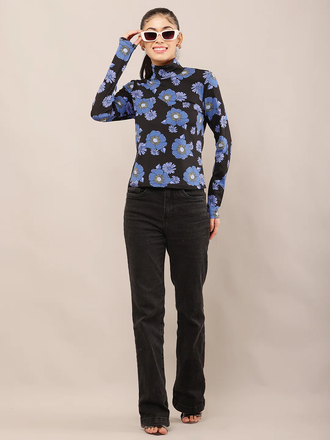 Women Black & Blue Floral High Neck Top - Image 3