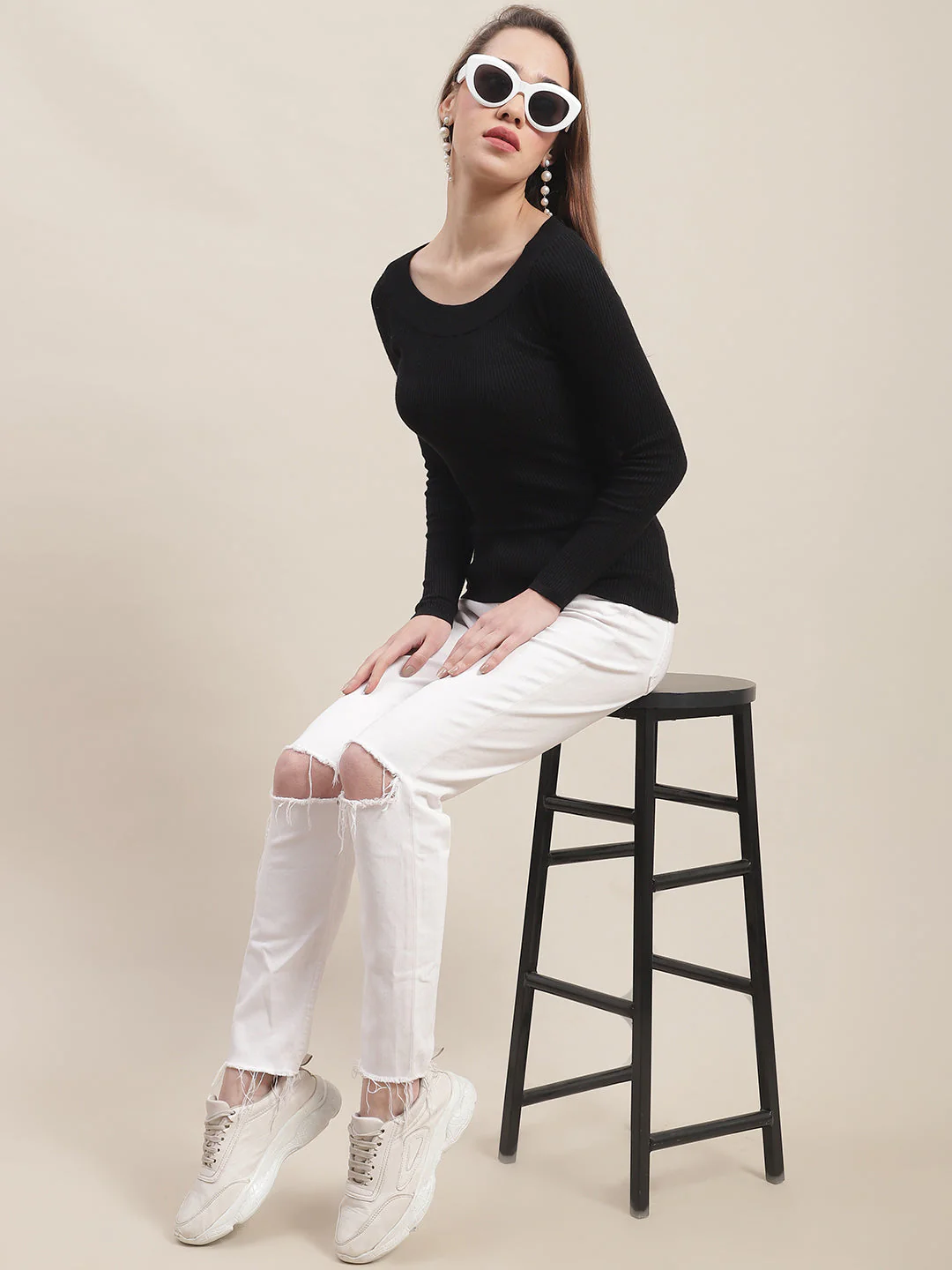 Women Black Boat Neck Top - Image 6
