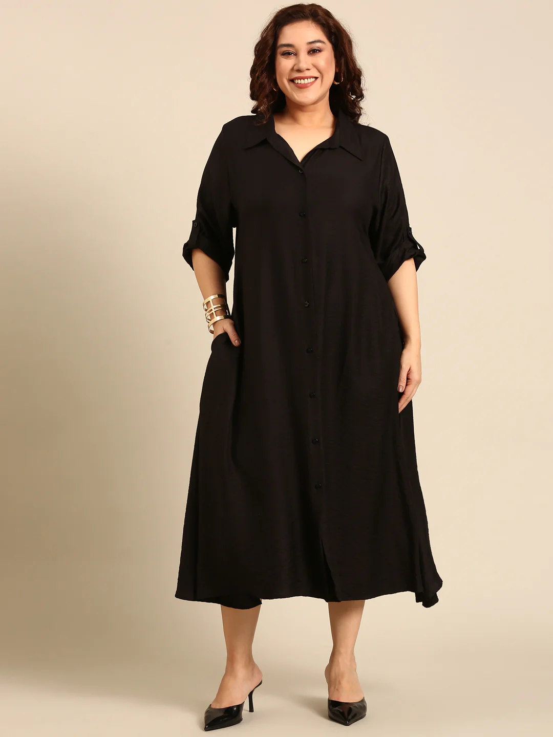 Women Black Button-Down Shirt Dress