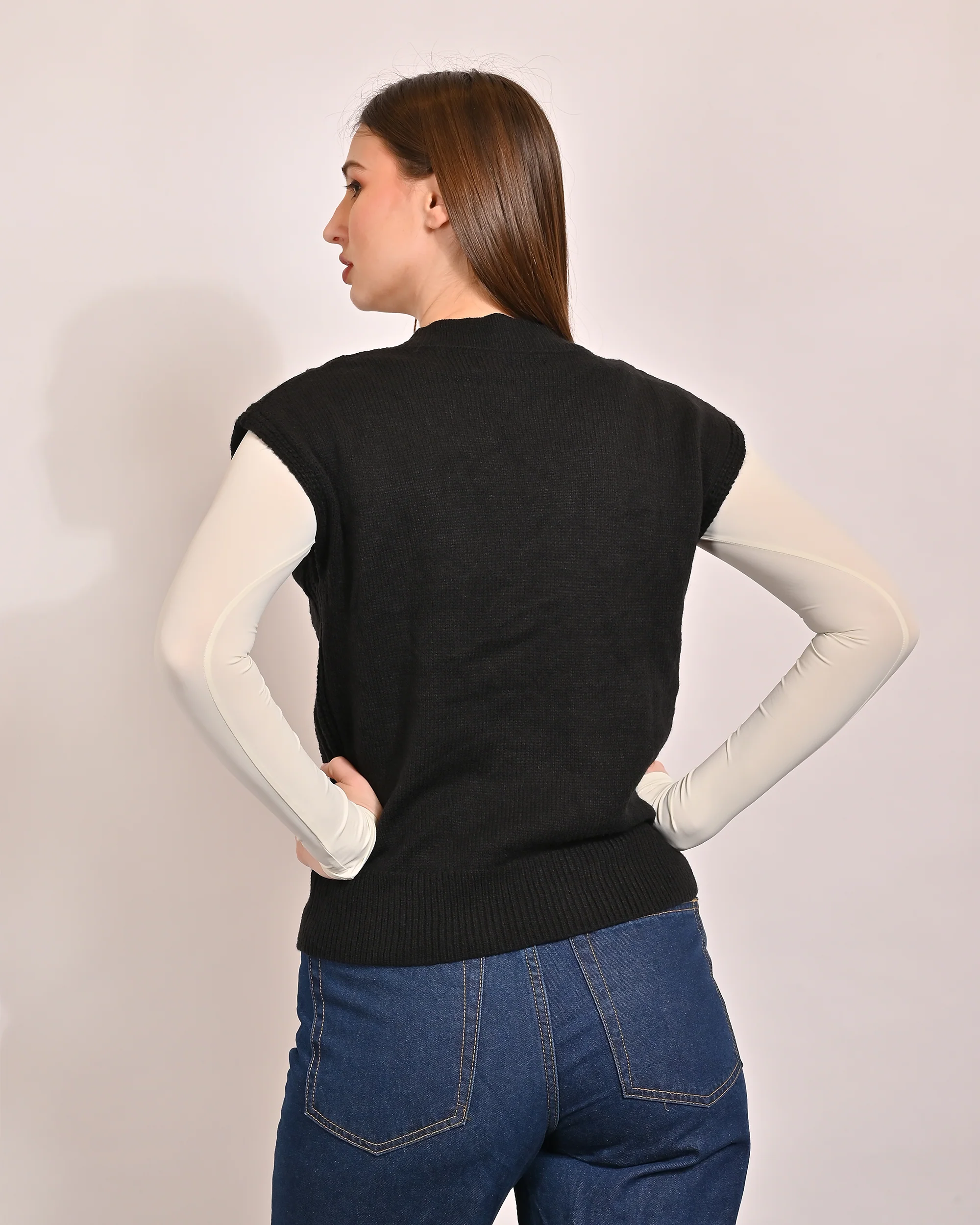 Women Black Cable Knit Vest Sweater - Image 3