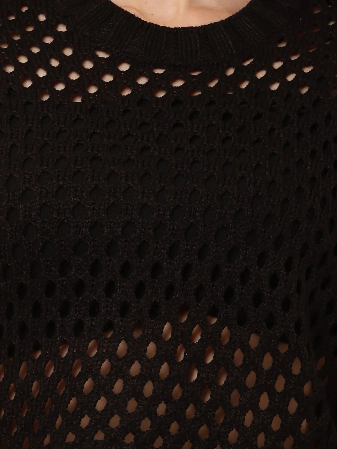 Women Black Crochet Round Neck Sweater - Image 5