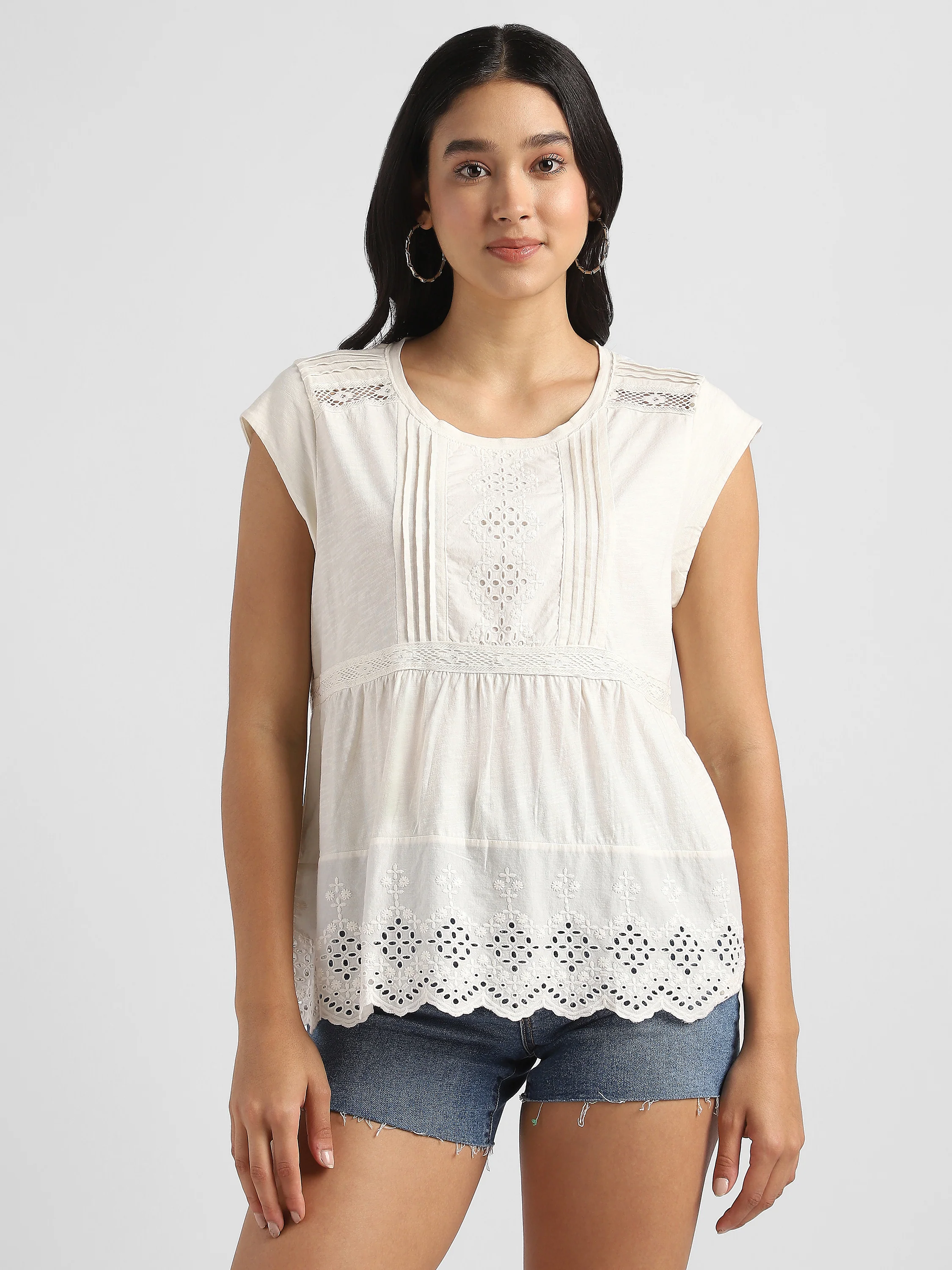 Women White Embroidered Top with Schiffli Inserts