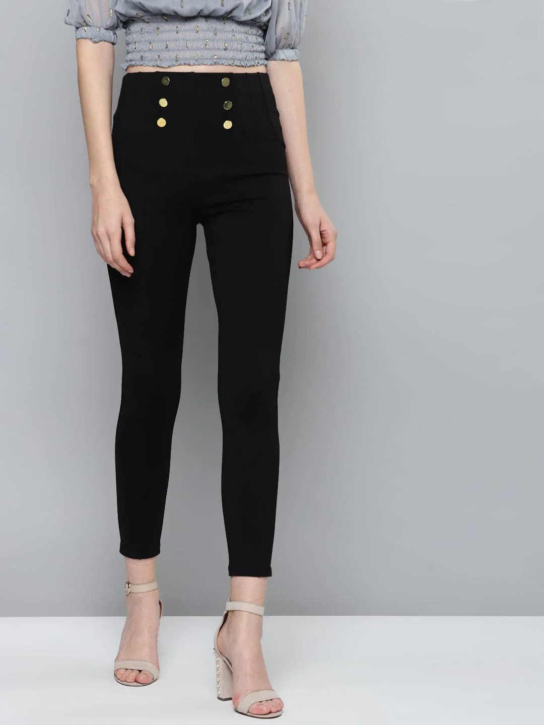 Women Black Front Button High Waist Jeggings