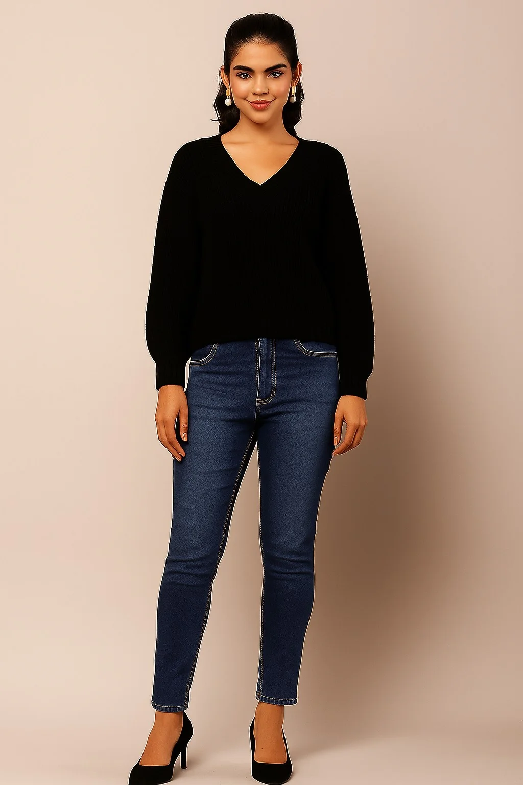 Women Black Full Sleeve Knitted Sweater