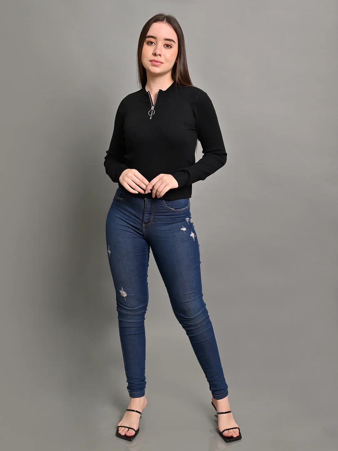 Women Black Full Sleeve Zip Sweater - Image 2