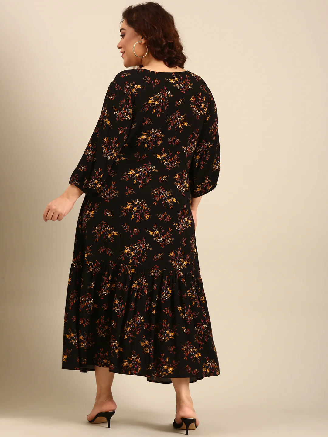 Women Black Leaf Printed Alia-Cut Tiered Dress - Image 2