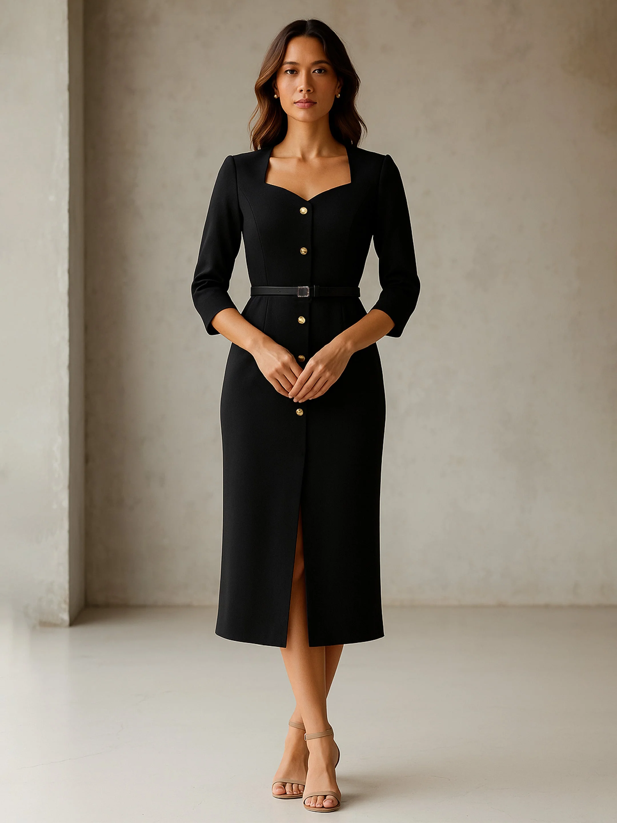 Women Black Midi Dress With PU Belt