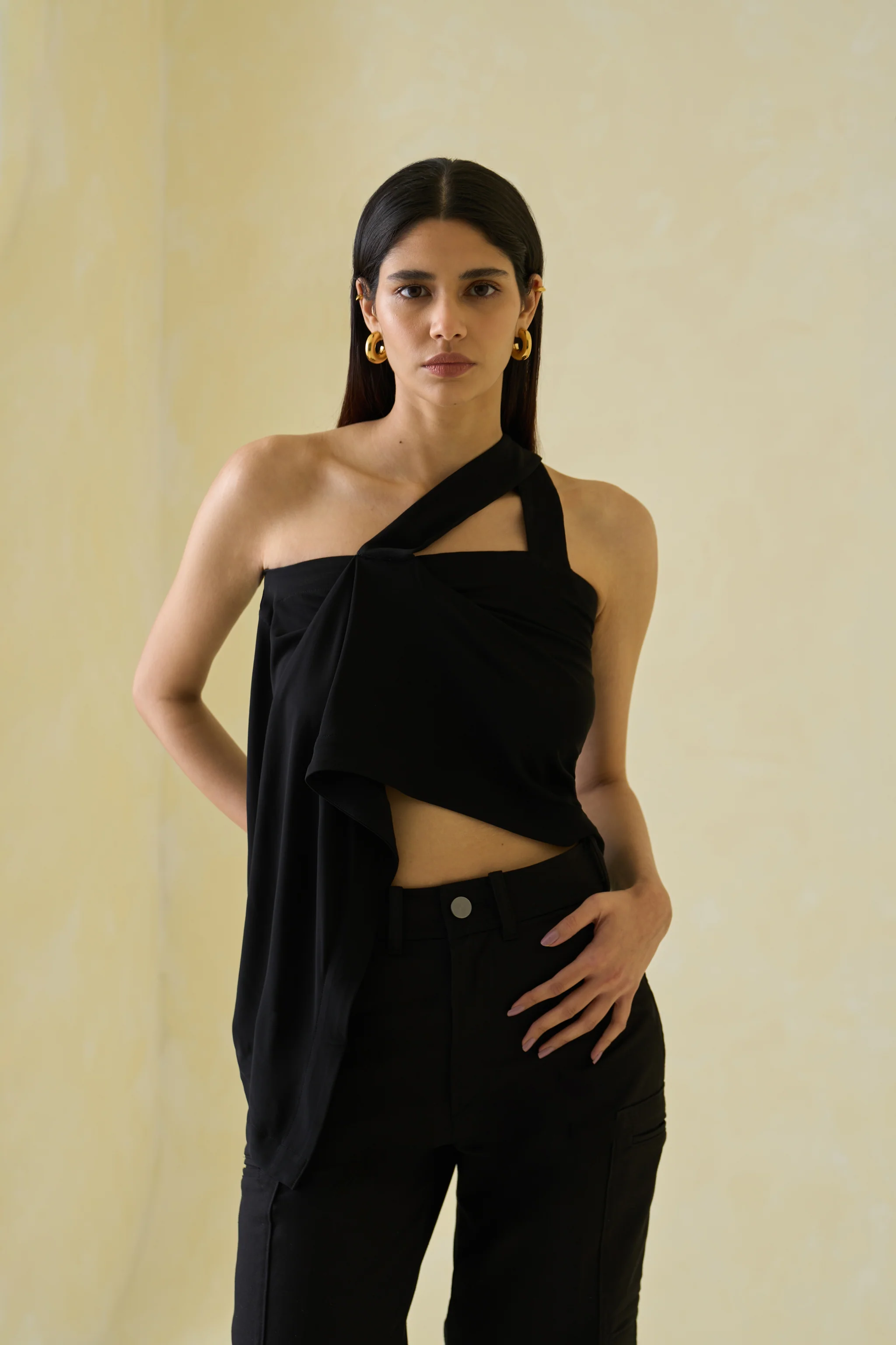 Women Black One Shoulder Rayon Draped Top