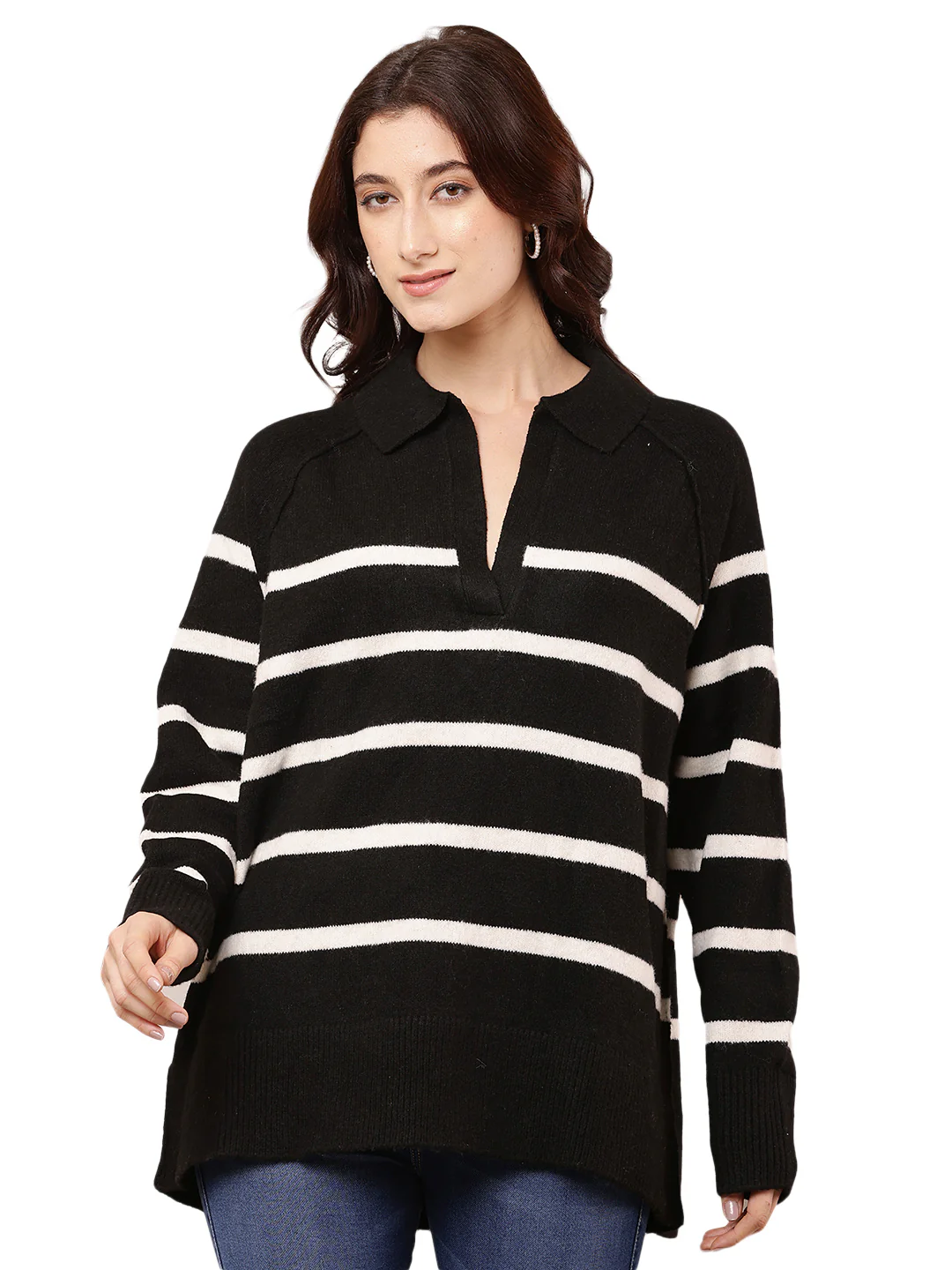 Women Black Polyester V-Neck Baggy Sweater - Image 6