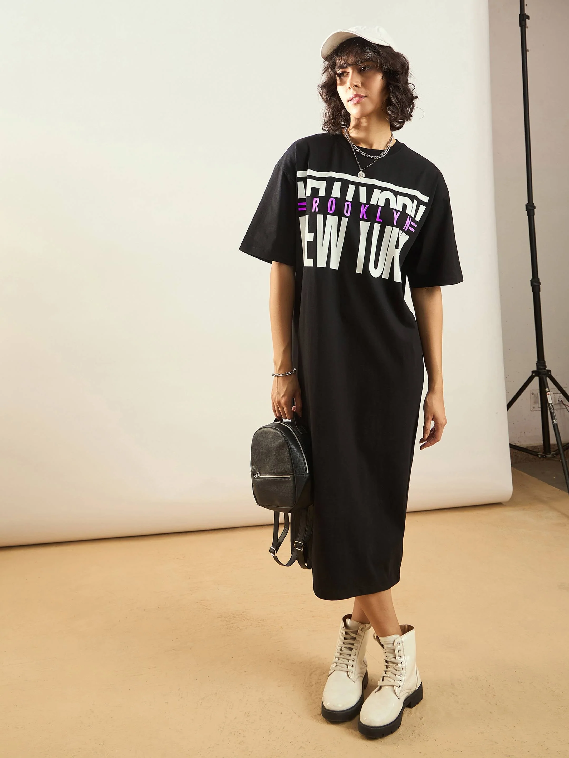 Women Black Printed T-Shirt Dress