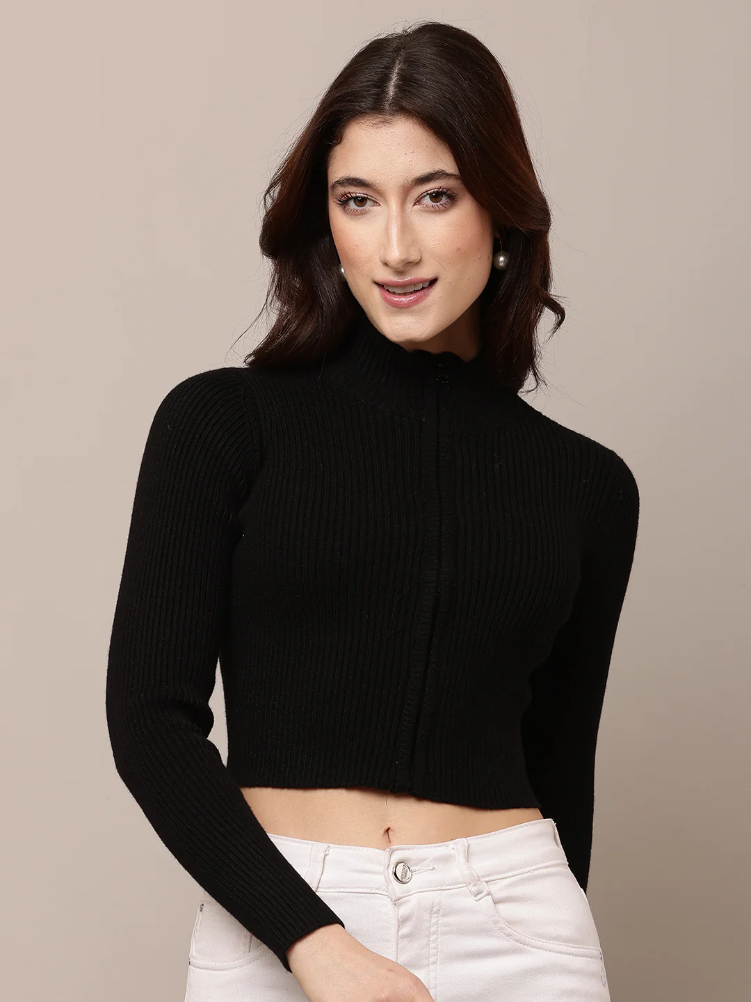 Women Black Rib Zip Turtle Neck Sweater