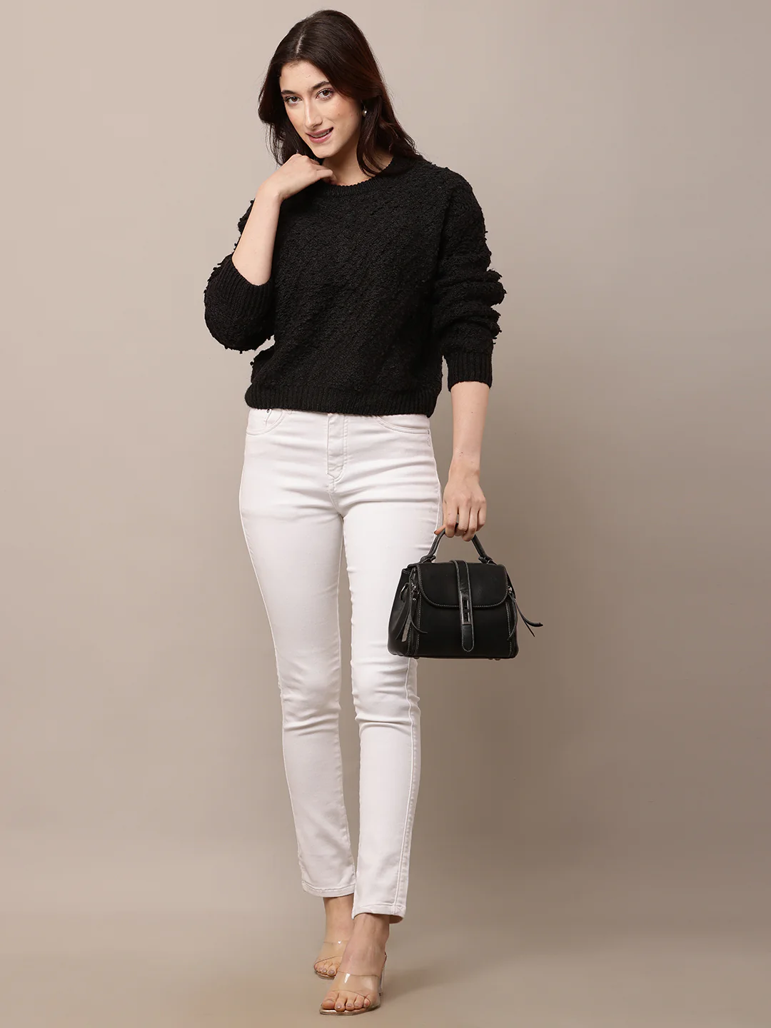 Women Black Round Neck Acrylic Sweater - Image 3