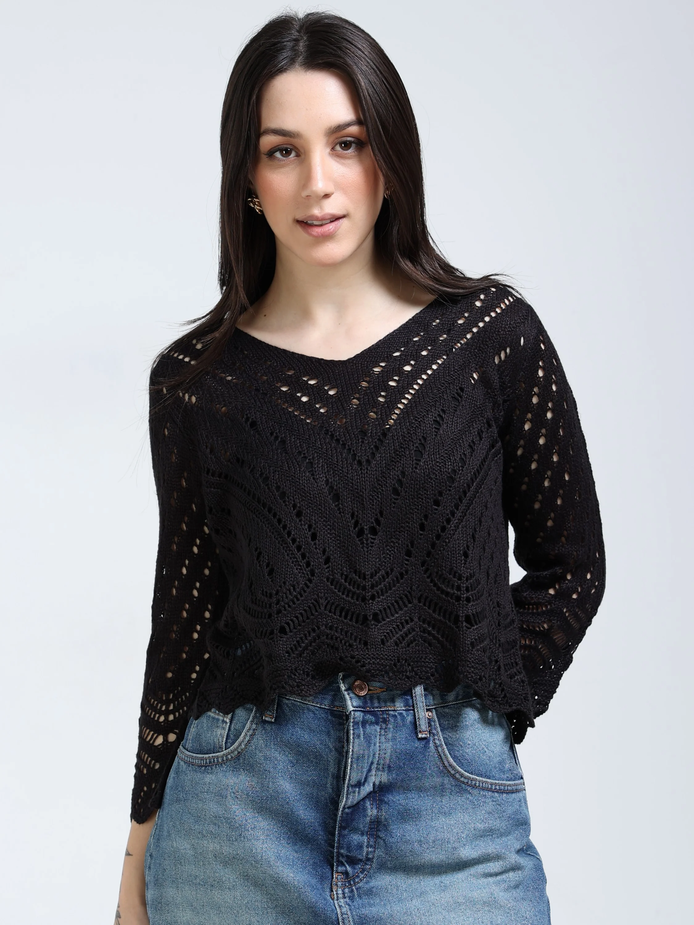 Women Black Crochet Knitted Top