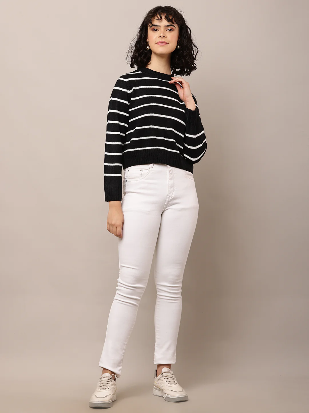 Women Black Striped Turtle Neck Sweater - Image 3