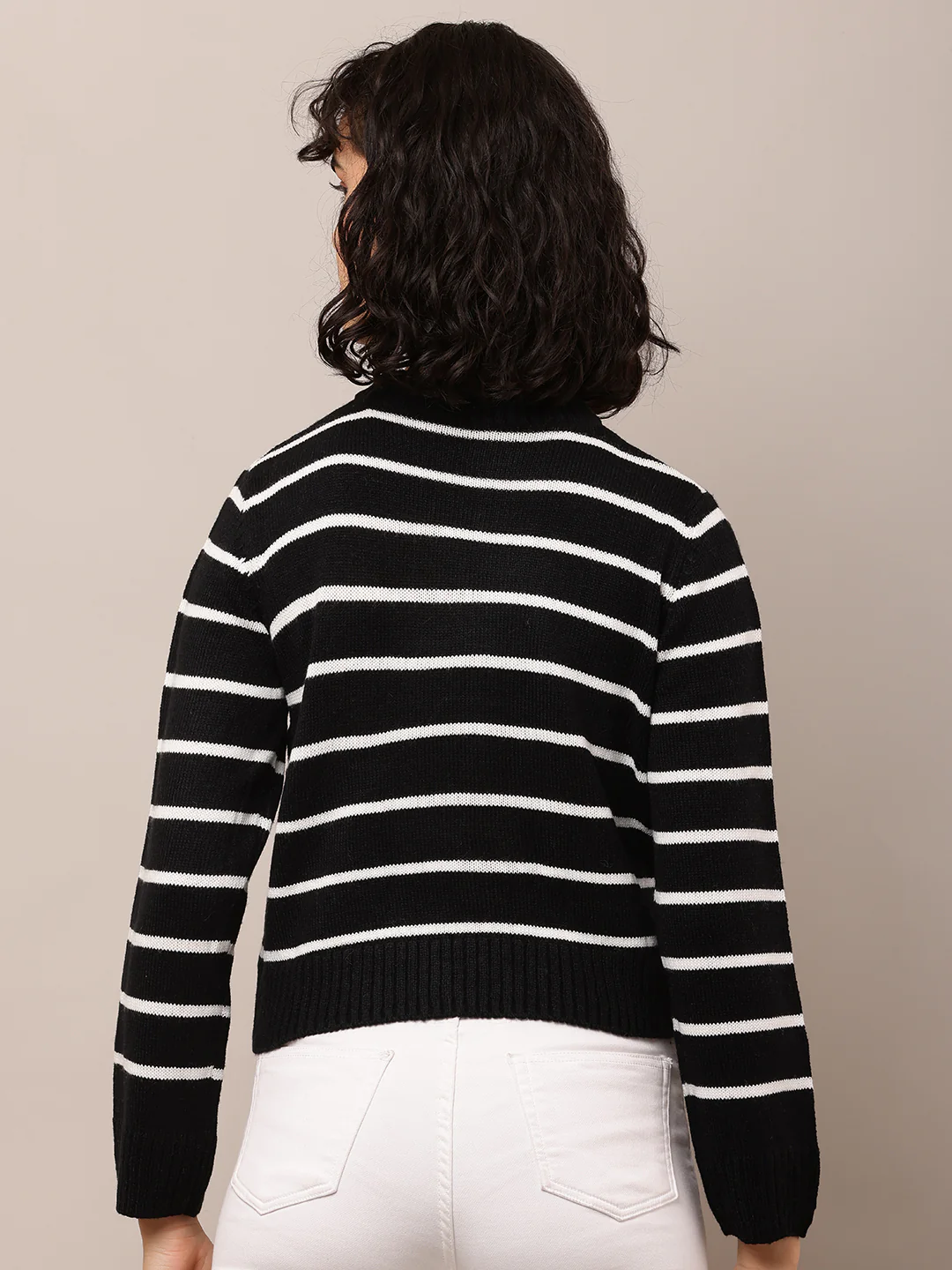 Women Black Striped Turtle Neck Sweater - Image 4