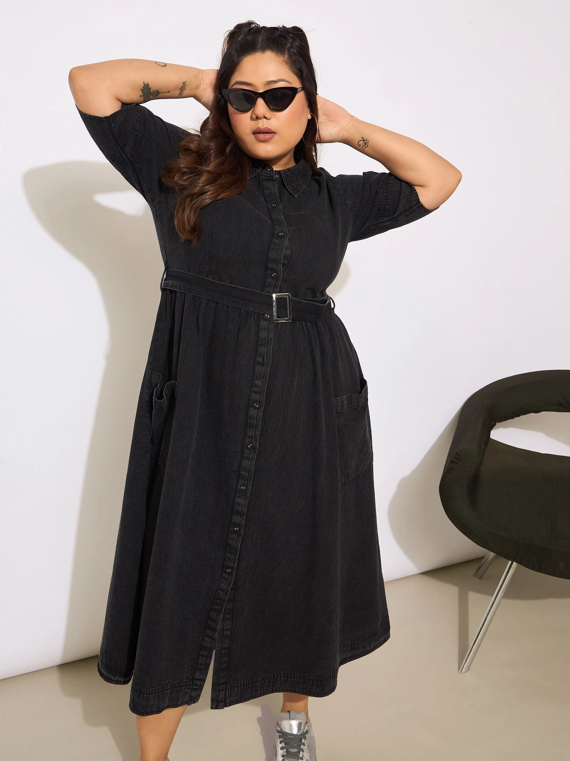 Women Black Tencel Front Button Midi Dress