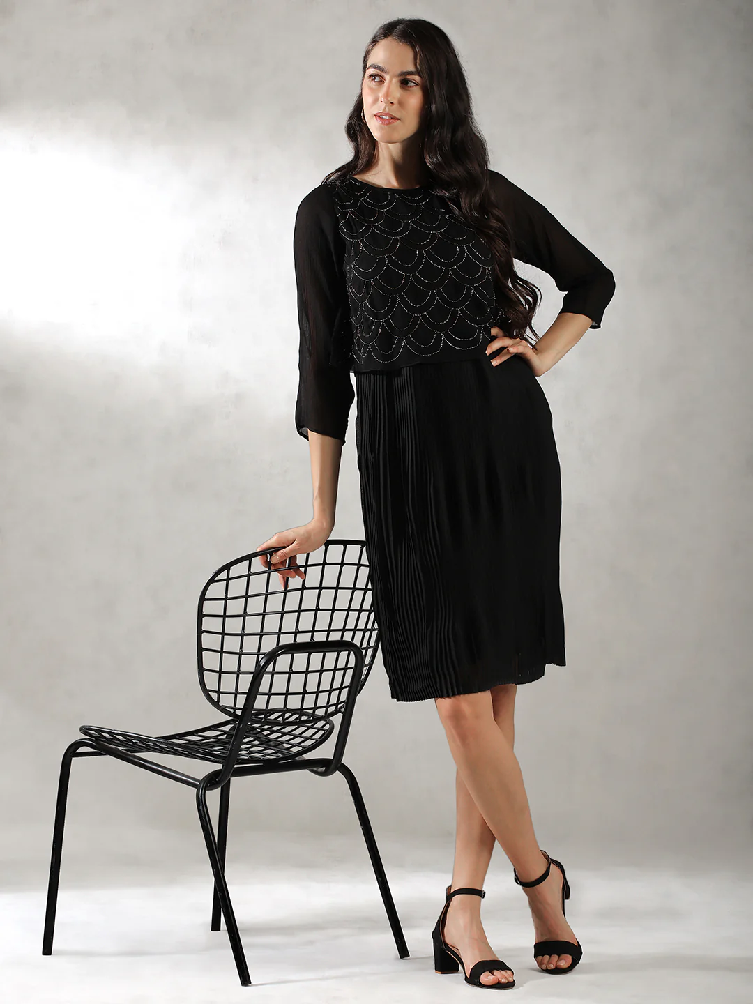 Women Black Sequinned Midi Dress