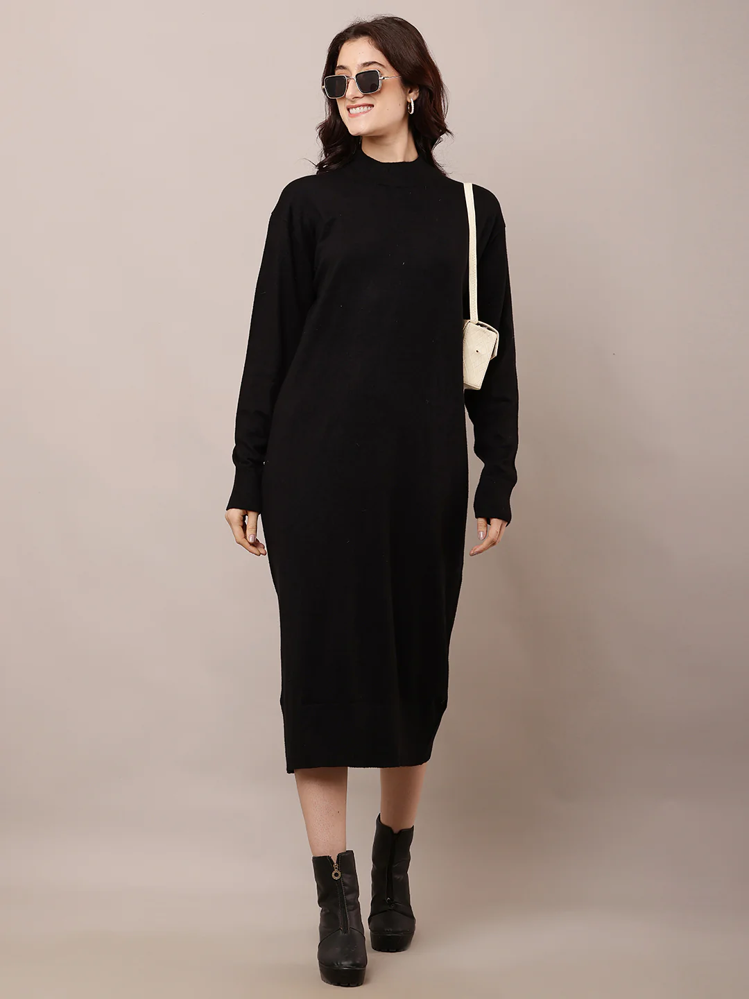 Women Black Turtle Neck Straight Dress