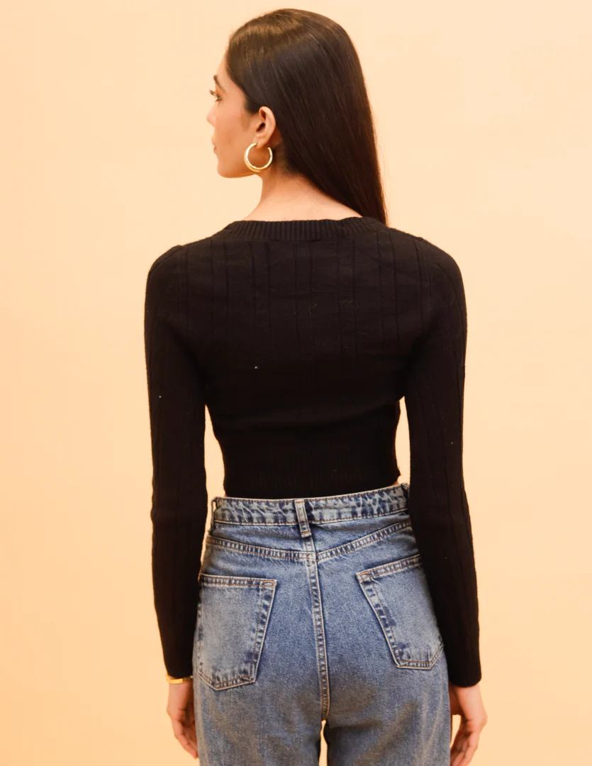 Women Black V Neck Long Sleeve Crop - Image 4