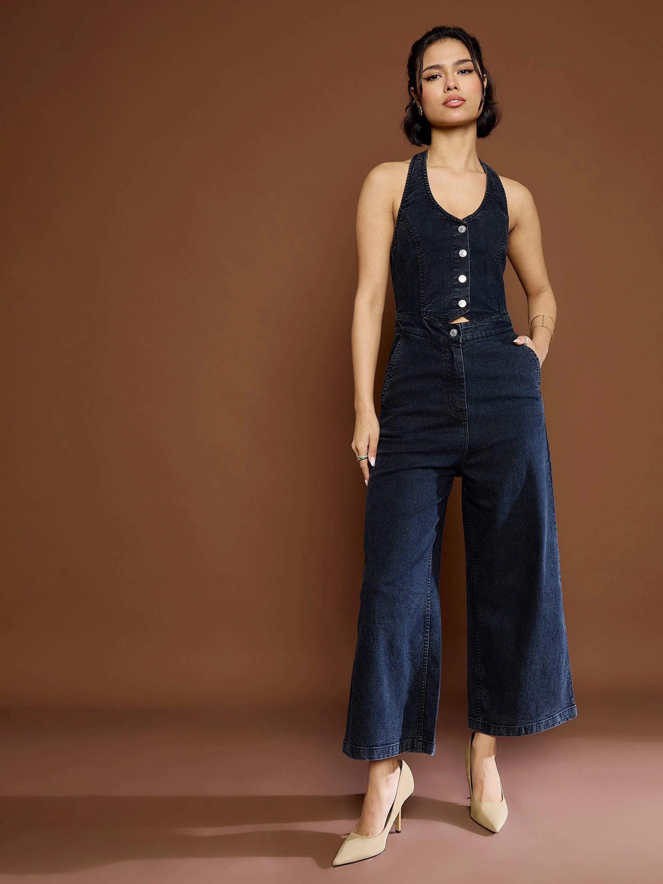 Women Black Washed Denim Halter Neck Jumpsuit
