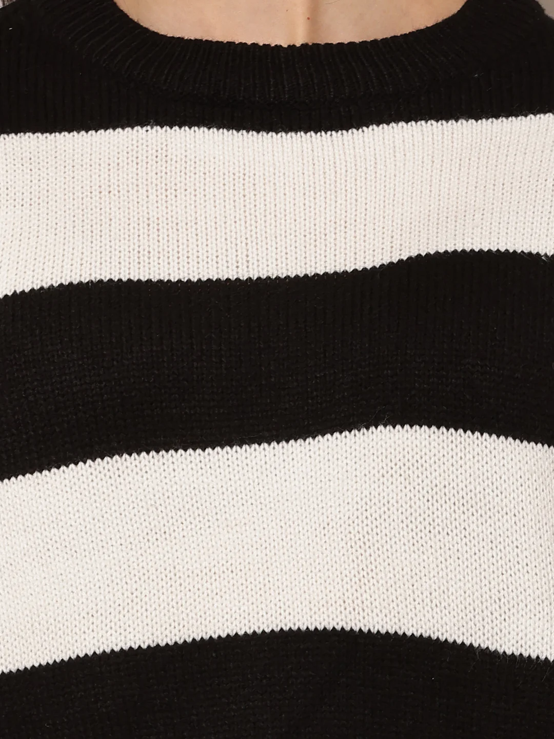 Women Black & White Striped Acrylic Sweater - Image 5
