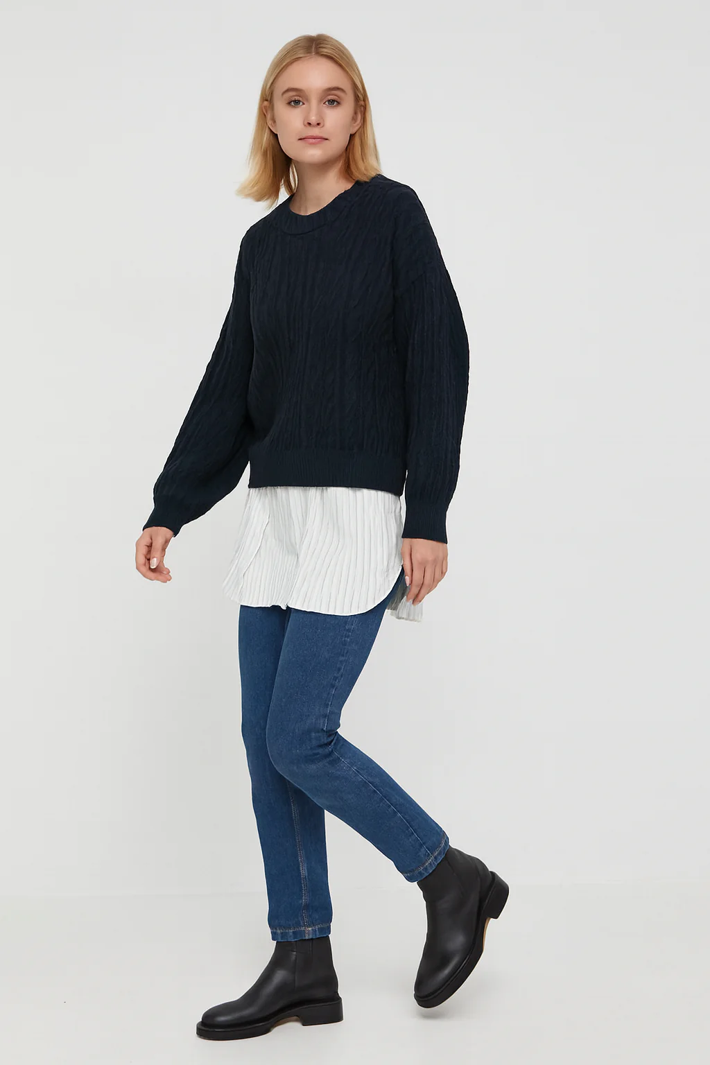 Women Blue Acrylic Layered Cable-Knit Sweater - Image 5