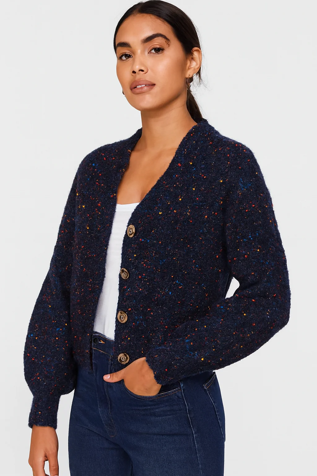 Women Blue Acrylic V-Neck Knitted Cardigan - Image 4