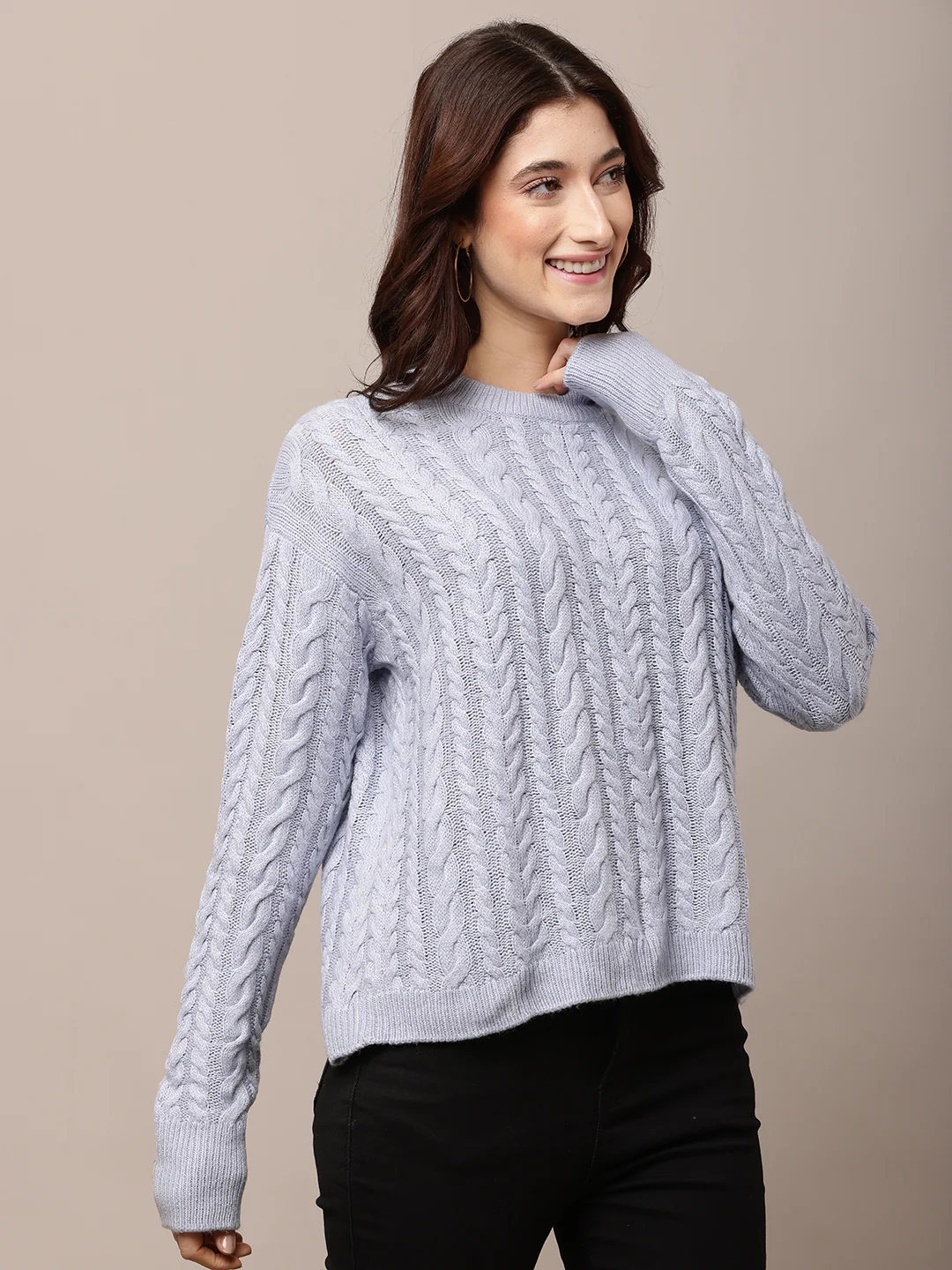 Women Blue Cable Knit Acrylic Sweater - Image 2