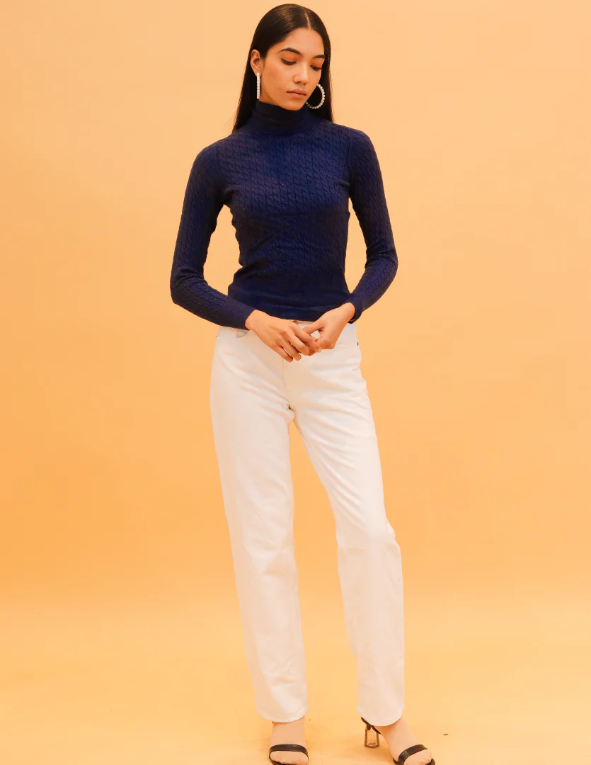 Women Blue Cable Knit High Neck Sweater - Image 2