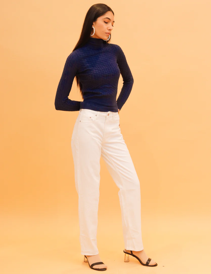 Women Blue Cable Knit High Neck Sweater - Image 3