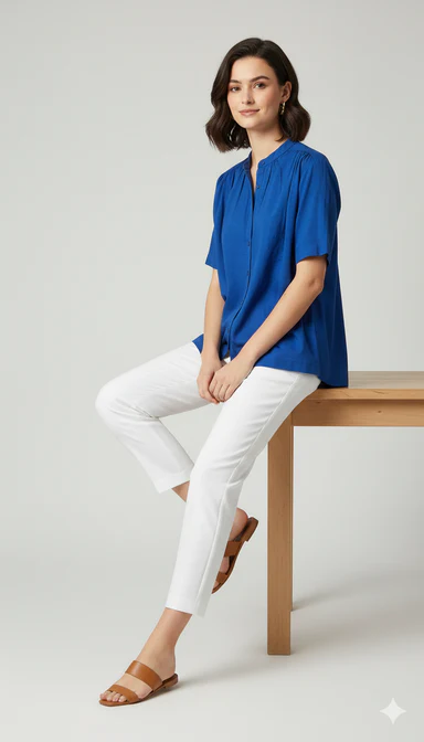 Women Blue Cotton Shirt Style Top - Image 4