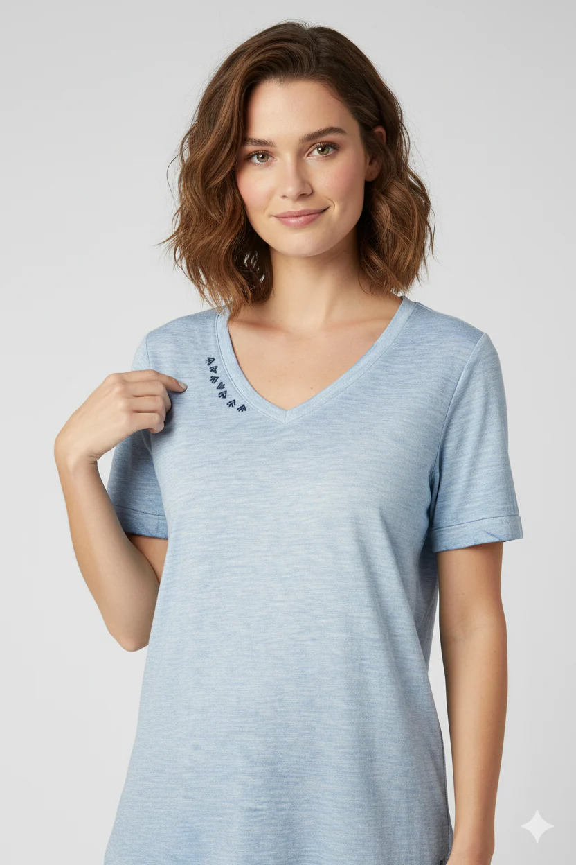 Women Blue Cotton V-Neck T-Shirt - Image 3