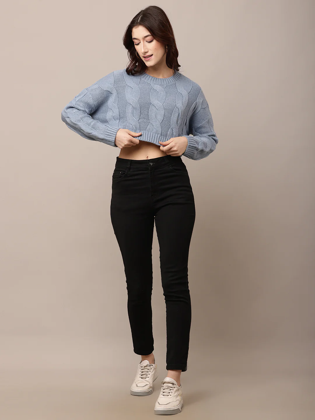 Women Blue Crop Sweater with Round Neck - Image 3
