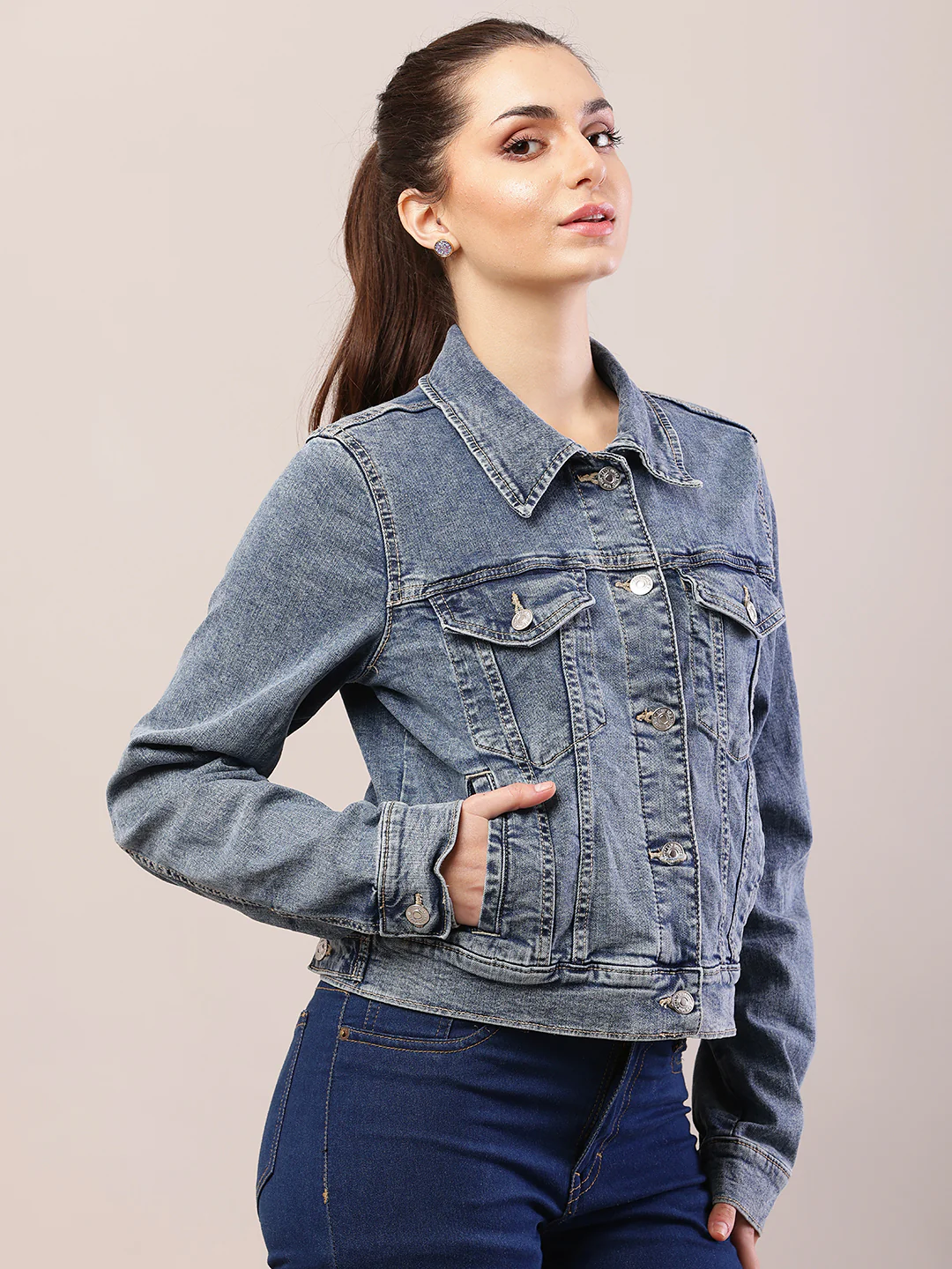 Women Blue Denim Shirt Collar Jacket