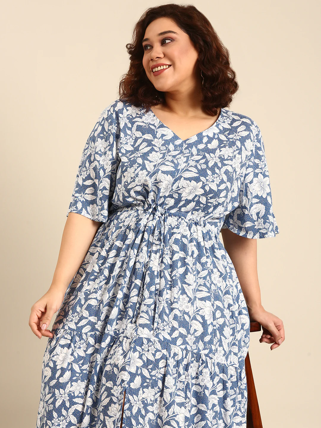 Women Blue Floral Printed Dress with Waist Tie - Image 3