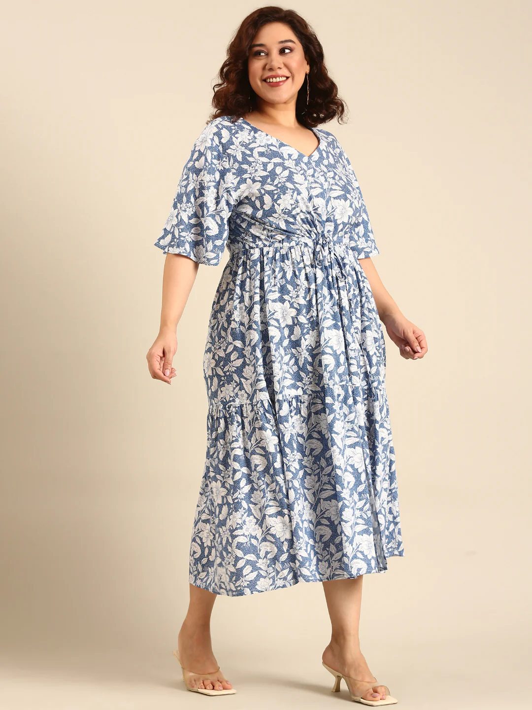 Women Blue Floral Printed Dress with Waist Tie - Image 6