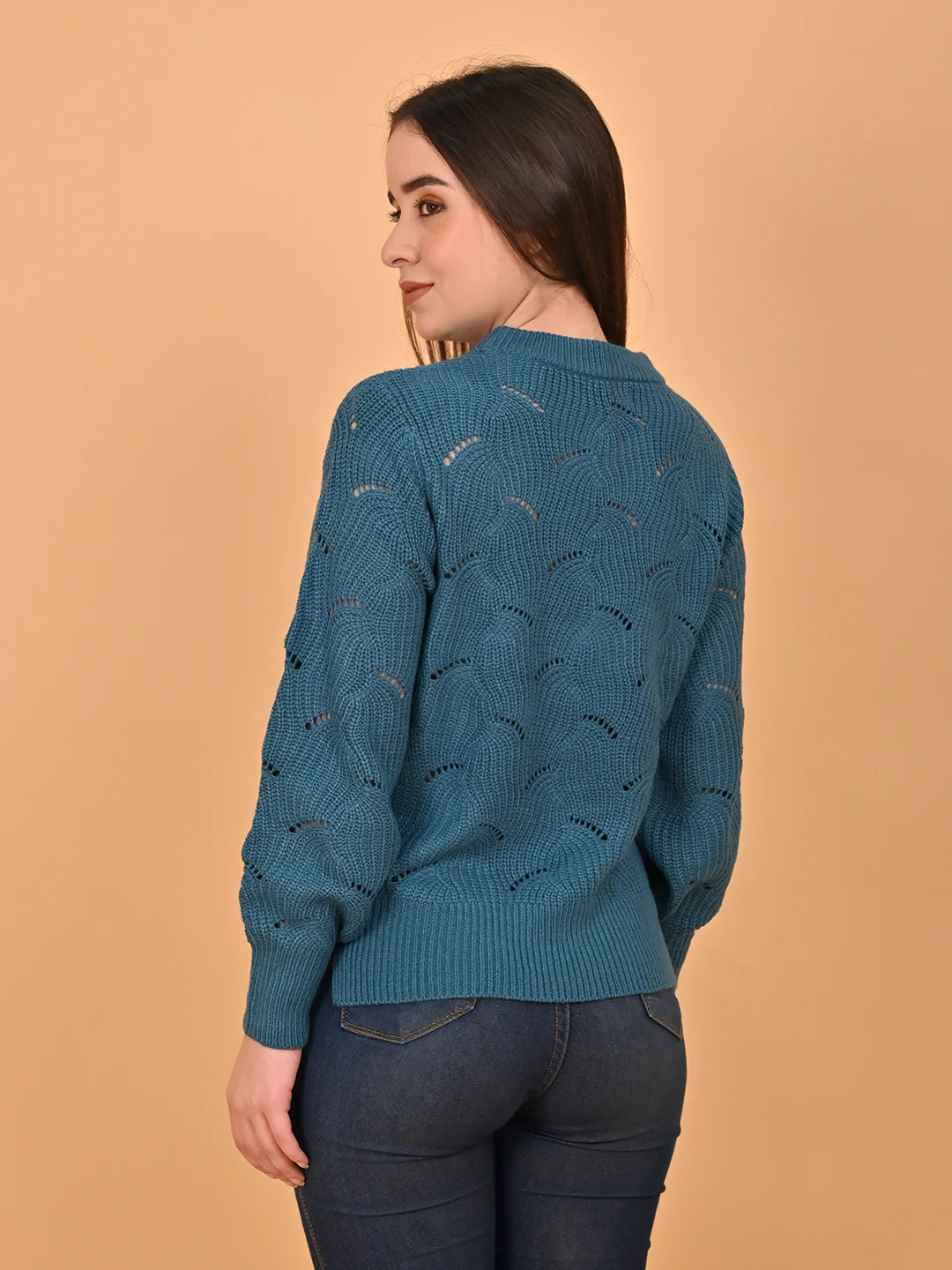 Women Blue Hollow Out Knit Sweater - Image 4