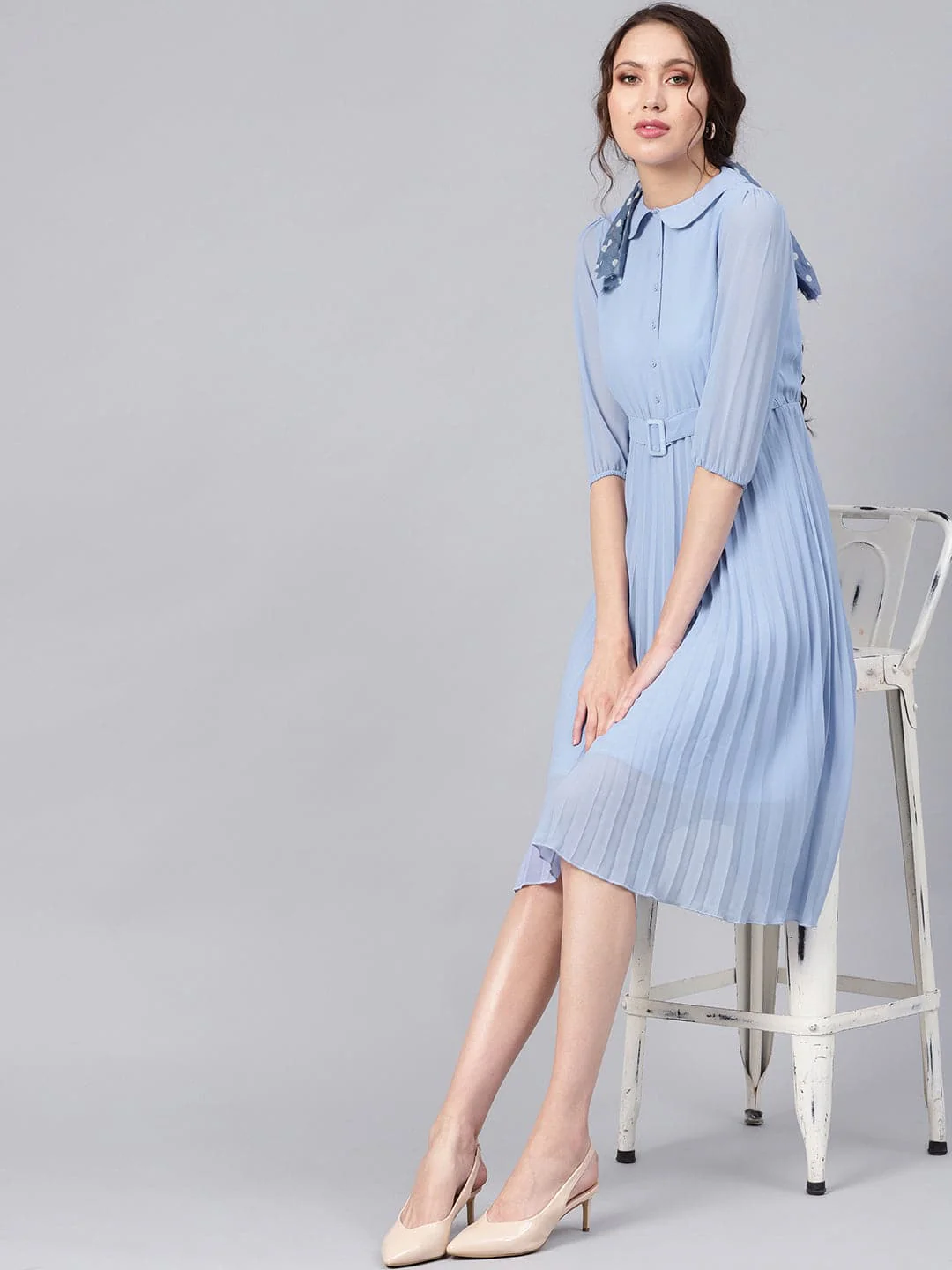 Women Blue Peterpan Pleated Belted Midi Dress