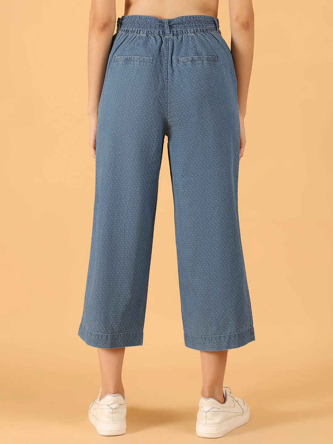 Women Blue Polka Dot Cotton Wide-Leg Culottes - Image 4
