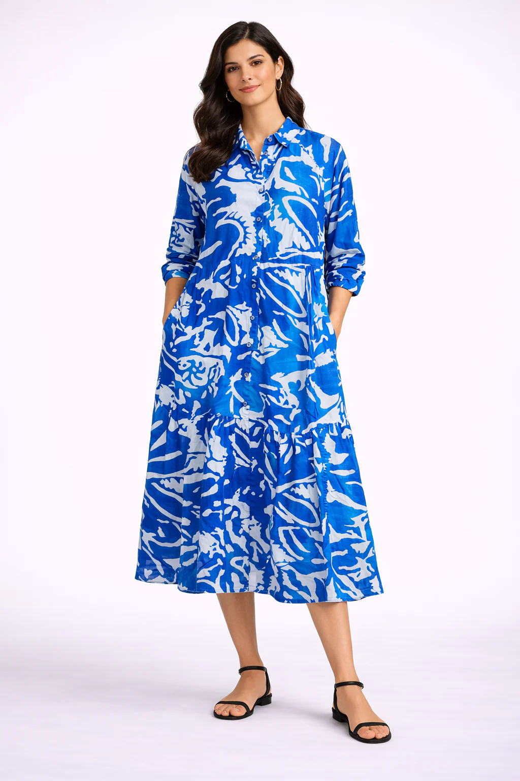 Women Blue Printed Viscose Shirt Midi Dress
