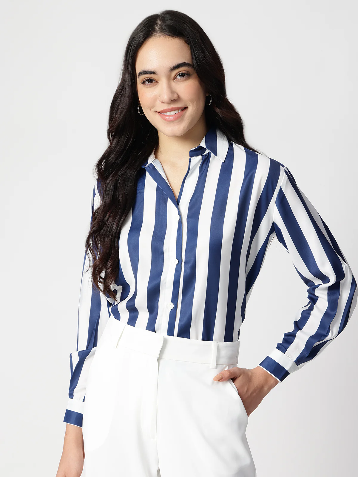 Women Blue Stripe Satin Collar Shirt