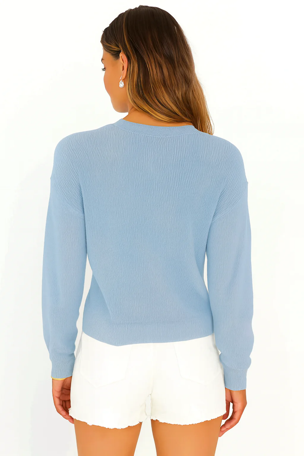 Women Blue V-Neck Button Down Sweater - Image 2