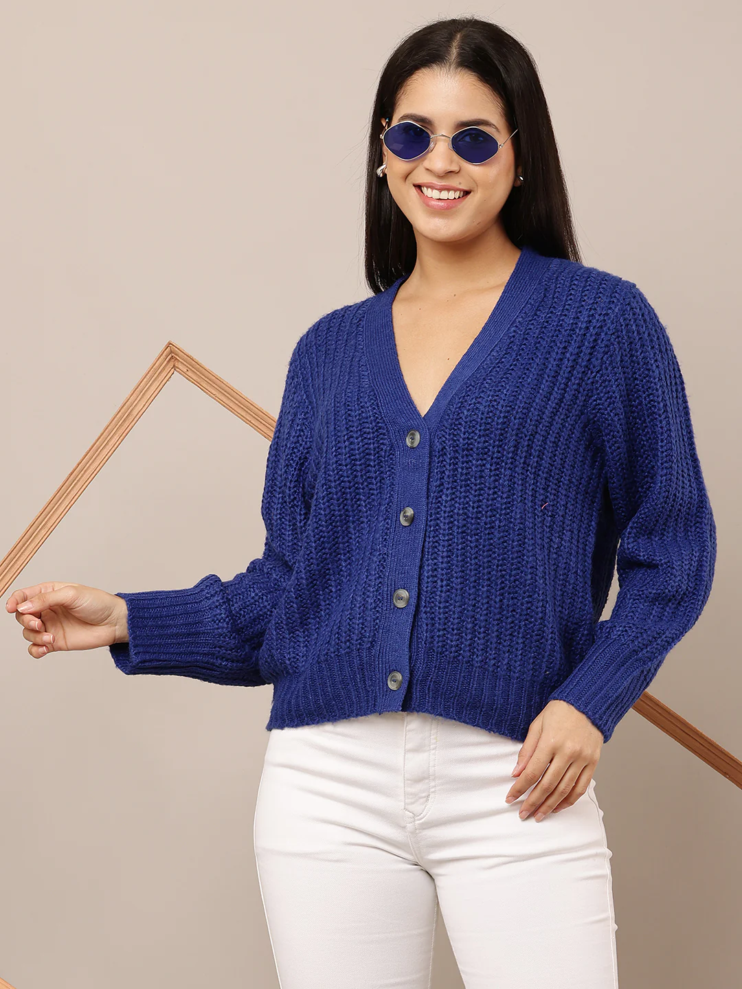 Women Blue V-Neck Buttoned Cardigan