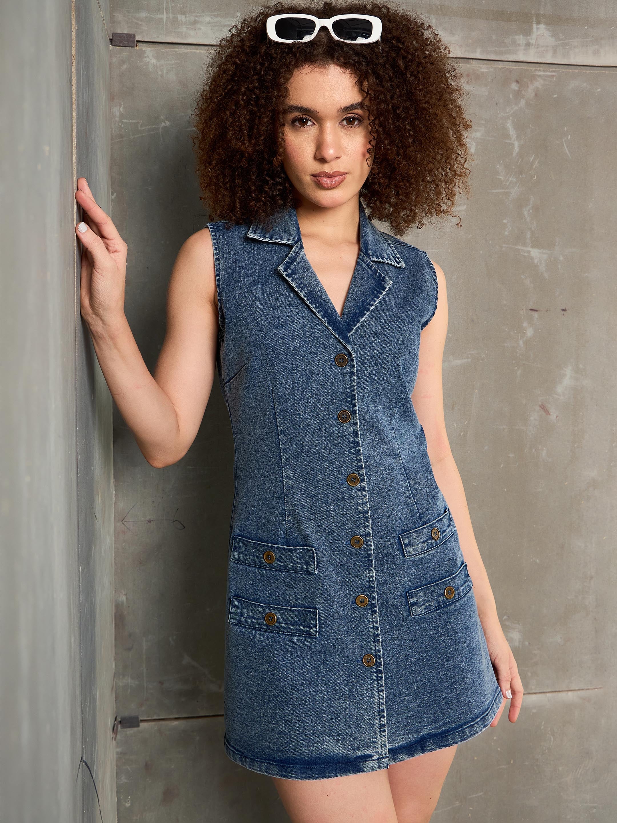 Women Blue Washed Denim Notch Collar Short Dress - Image 2