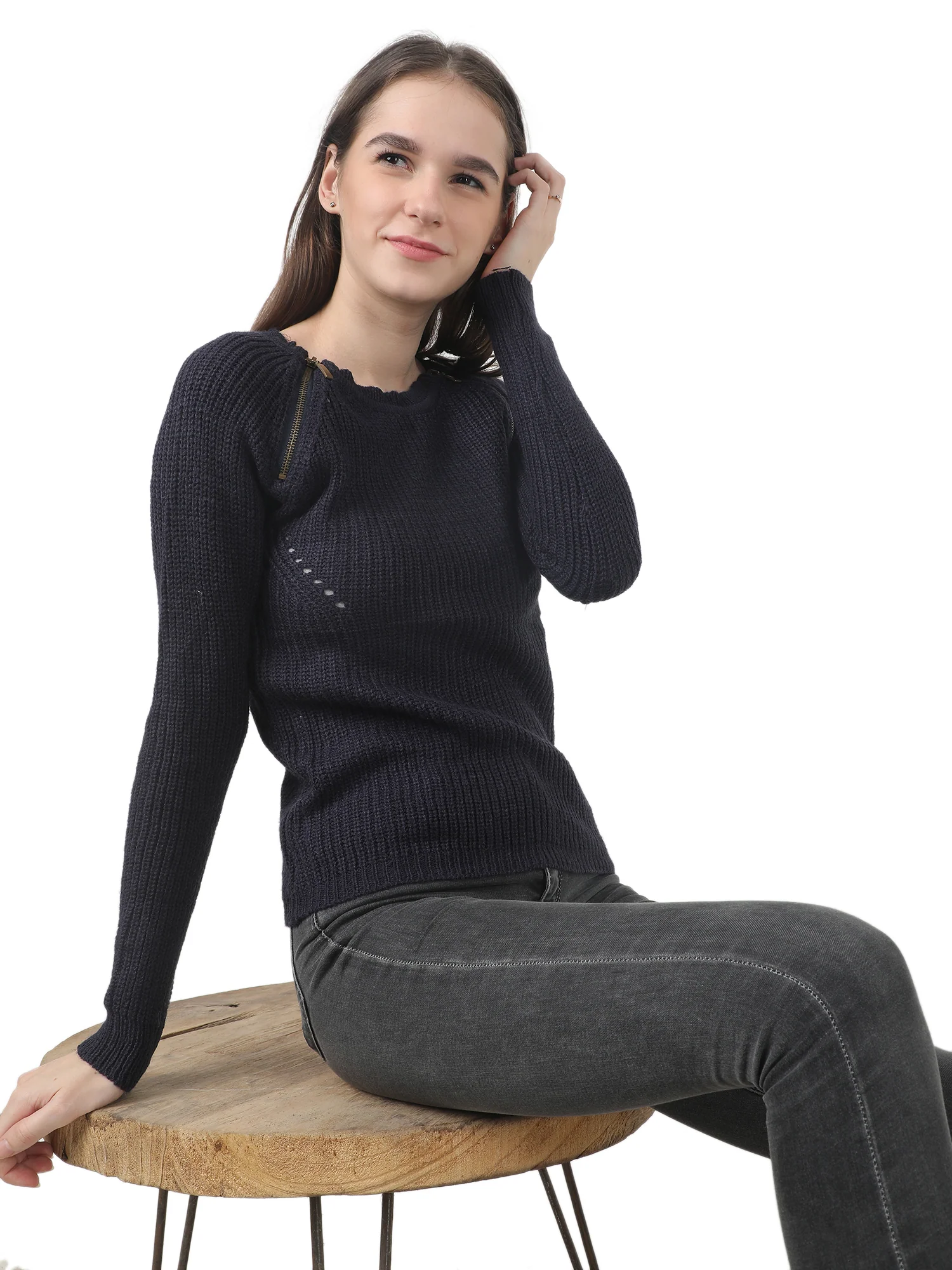 Women Blue Zip Sweater - Image 6